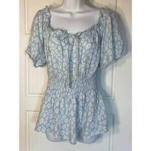 No Boundries Blue Daisy On/Off Shoulder SmockedWaist Short Sleeve Top Plus 2XL